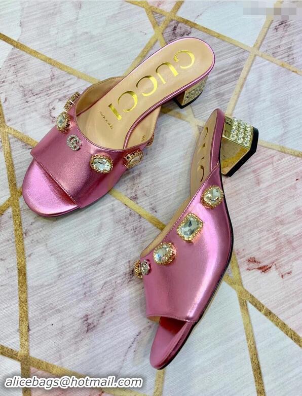 New Design Gucci Lyric GG Crystal Embellished Heel Moire Mules 940408 Fuchsia 2019