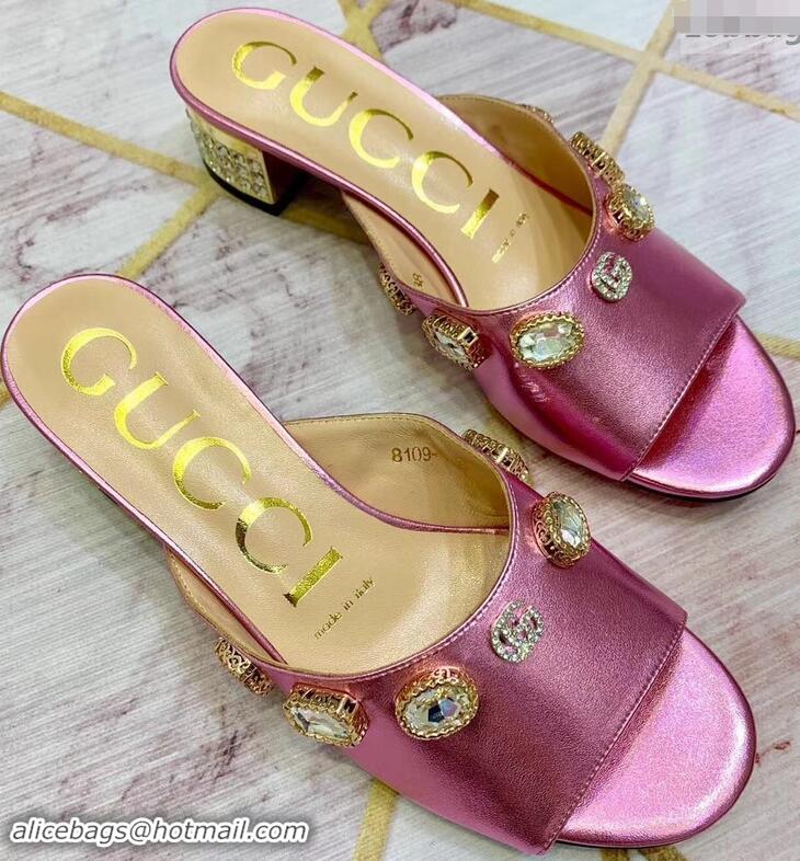 New Design Gucci Lyric GG Crystal Embellished Heel Moire Mules 940408 Fuchsia 2019