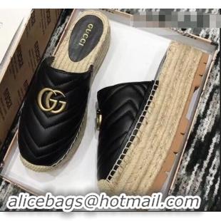 Best Quality Gucci Leather Platform Espadrilles Slippers With Double G 940801 Black 2019