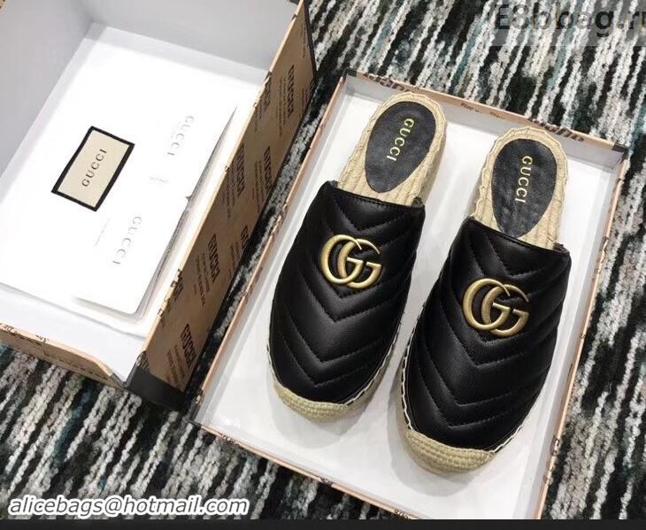 Best Quality Gucci Leather Platform Espadrilles Slippers With Double G 940801 Black 2019