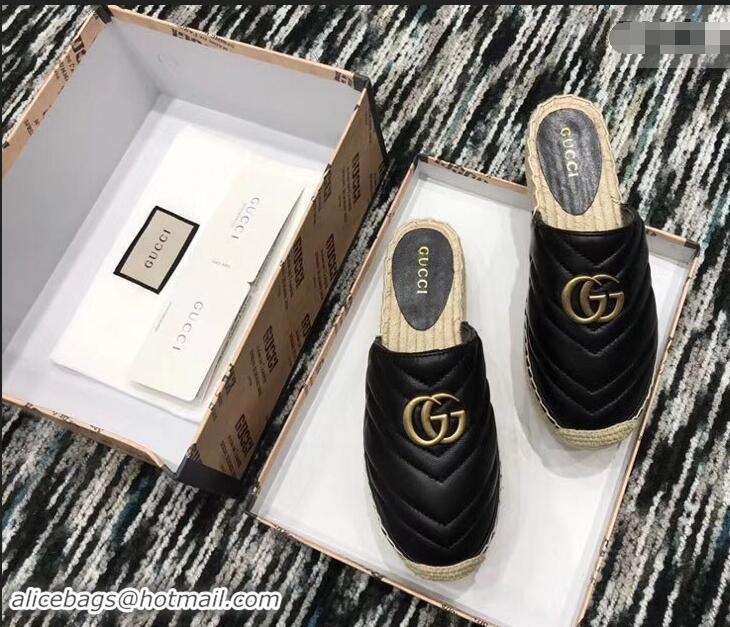 Best Quality Gucci Leather Platform Espadrilles Slippers With Double G 940801 Black 2019