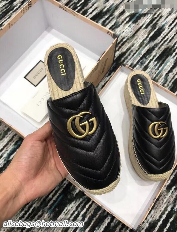 Best Quality Gucci Leather Platform Espadrilles Slippers With Double G 940801 Black 2019