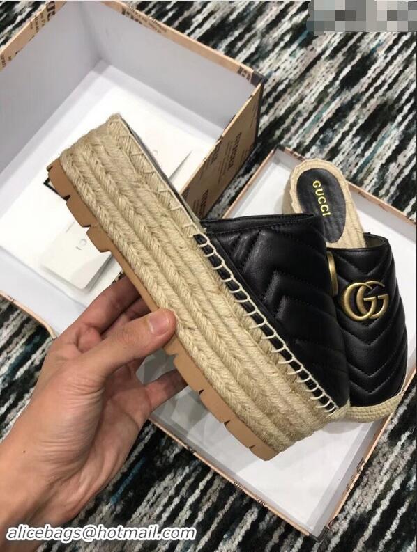 Best Quality Gucci Leather Platform Espadrilles Slippers With Double G 940801 Black 2019