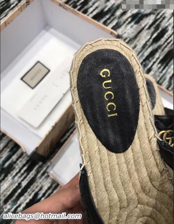 Best Quality Gucci Leather Platform Espadrilles Slippers With Double G 940801 Black 2019