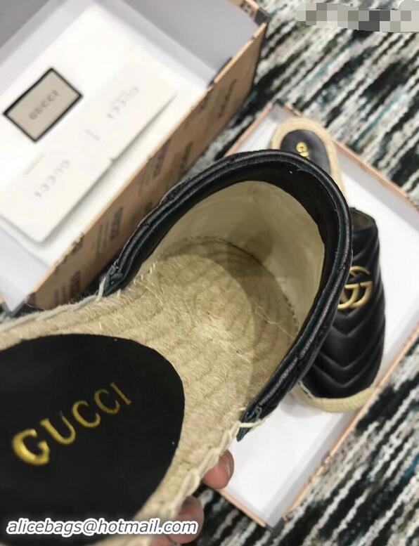 Best Quality Gucci Leather Platform Espadrilles Slippers With Double G 940801 Black 2019