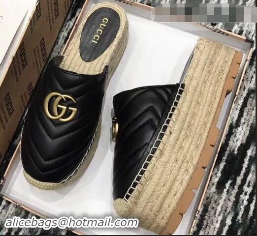 Best Quality Gucci Leather Platform Espadrilles Slippers With Double G 940801 Black 2019