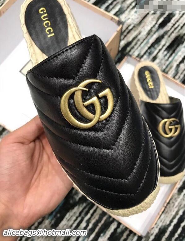 Best Quality Gucci Leather Platform Espadrilles Slippers With Double G 940801 Black 2019