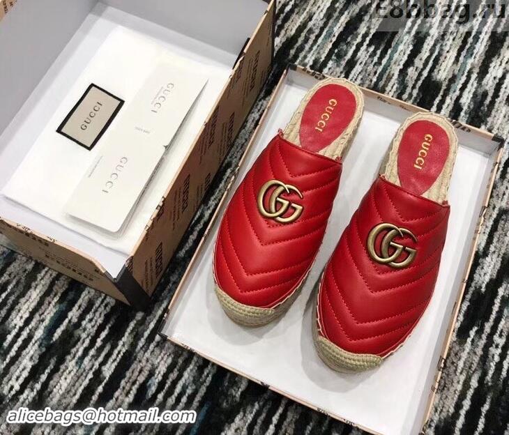 New Fashion Gucci Leather Platform Espadrilles Slippers With Double G 940801 Red 2019