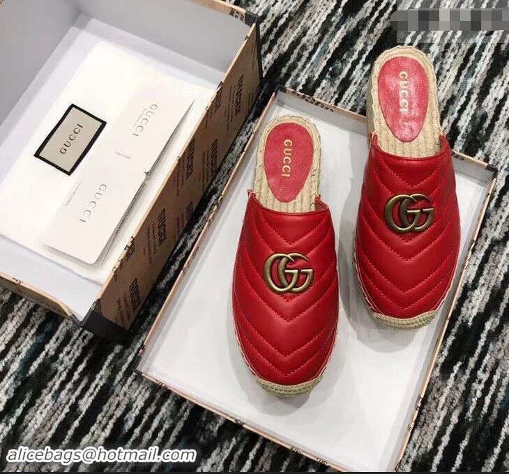 New Fashion Gucci Leather Platform Espadrilles Slippers With Double G 940801 Red 2019