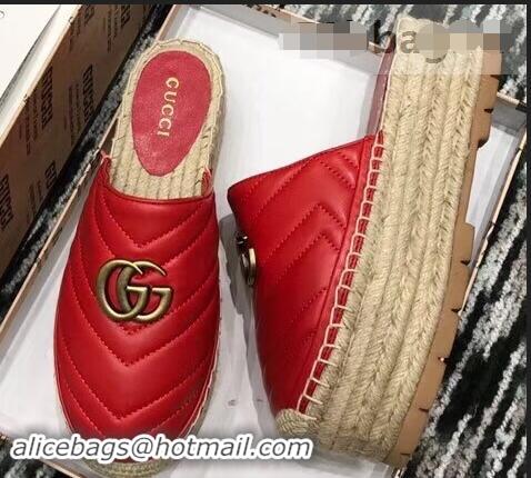 New Fashion Gucci Leather Platform Espadrilles Slippers With Double G 940801 Red 2019