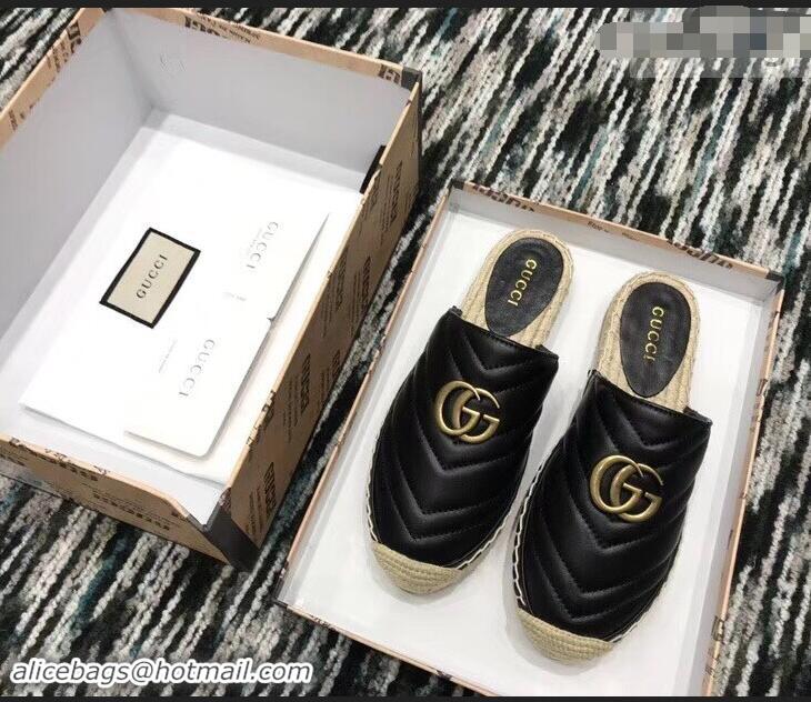 Elegant Gucci Leather Espadrilles Slippers With Double G 551881 Black 2019