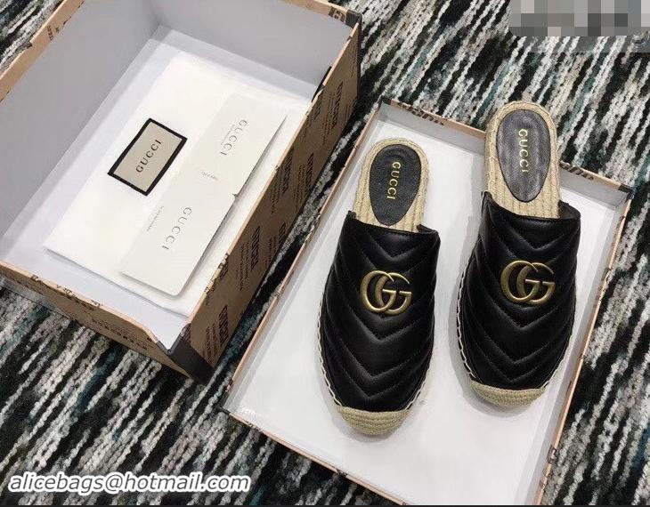 Elegant Gucci Leather Espadrilles Slippers With Double G 551881 Black 2019