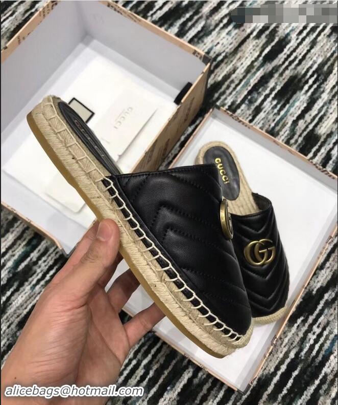 Elegant Gucci Leather Espadrilles Slippers With Double G 551881 Black 2019