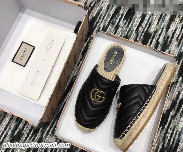 Elegant Gucci Leather Espadrilles Slippers With Double G 551881 Black 2019