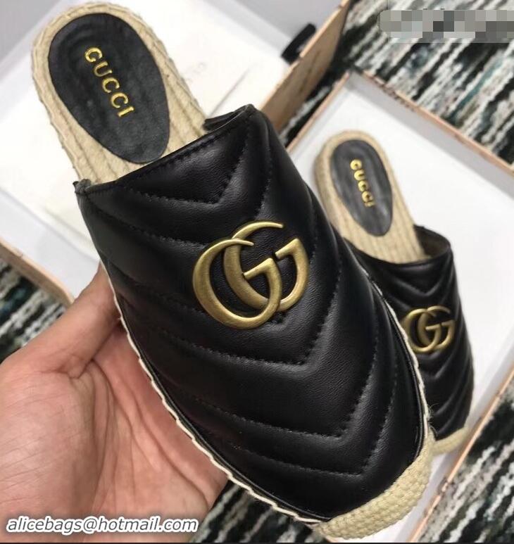 Elegant Gucci Leather Espadrilles Slippers With Double G 551881 Black 2019