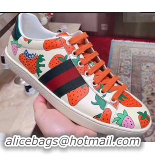 New Style Gucci Web Ace Leather Strawberry Sneakers 387993 Ivory 2019