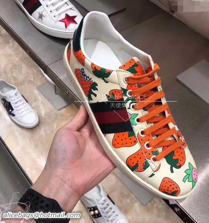 New Style Gucci Web Ace Leather Strawberry Sneakers 387993 Ivory 2019