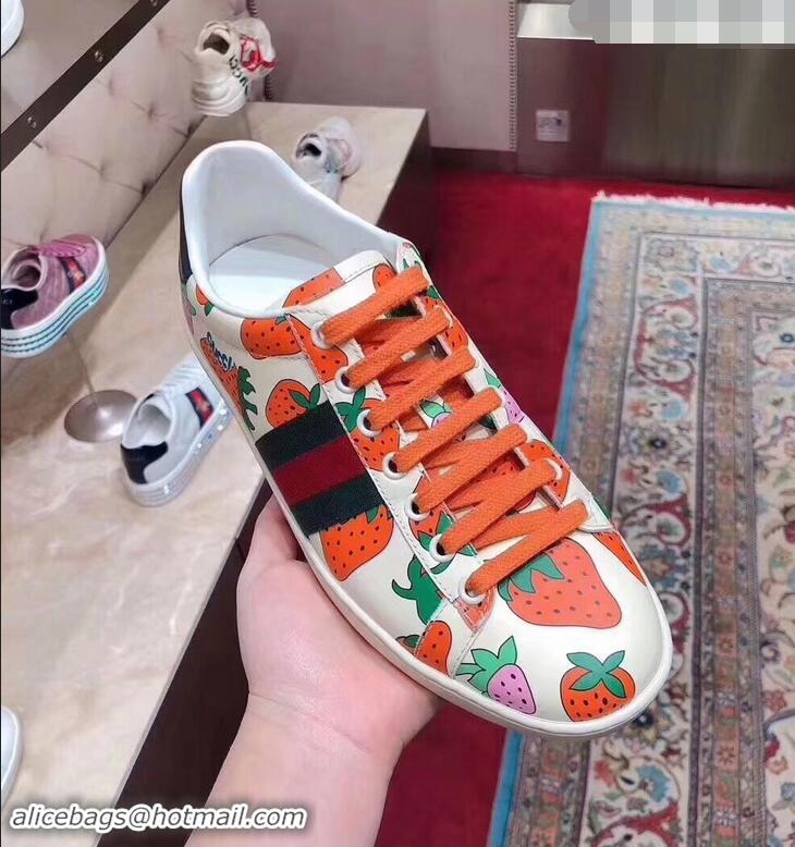 New Style Gucci Web Ace Leather Strawberry Sneakers 387993 Ivory 2019