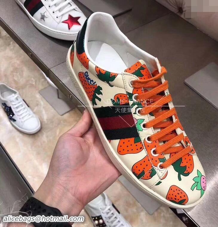 New Style Gucci Web Ace Leather Strawberry Sneakers 387993 Ivory 2019