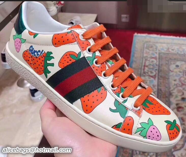 New Style Gucci Web Ace Leather Strawberry Sneakers 387993 Ivory 2019