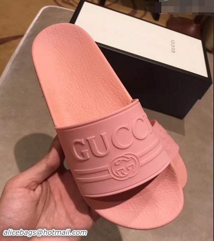 Shop Discount Gucci Logo Rubber Slide Sandals 941203 Pink 2019