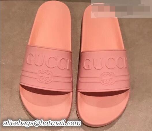 Shop Discount Gucci Logo Rubber Slide Sandals 941203 Pink 2019