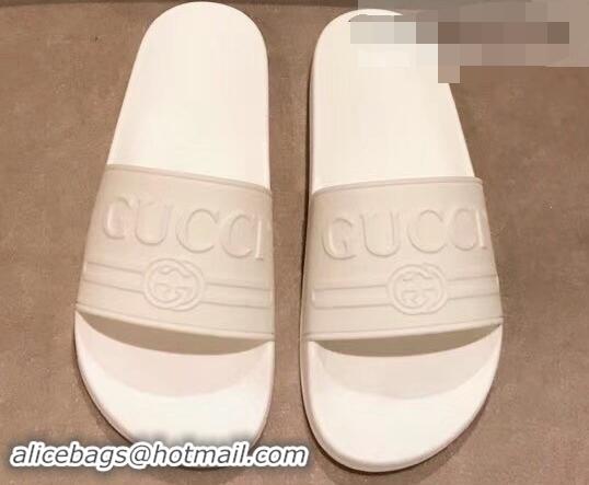 Most Popular Gucci Logo Rubber Slide Sandals 941203 White 2019