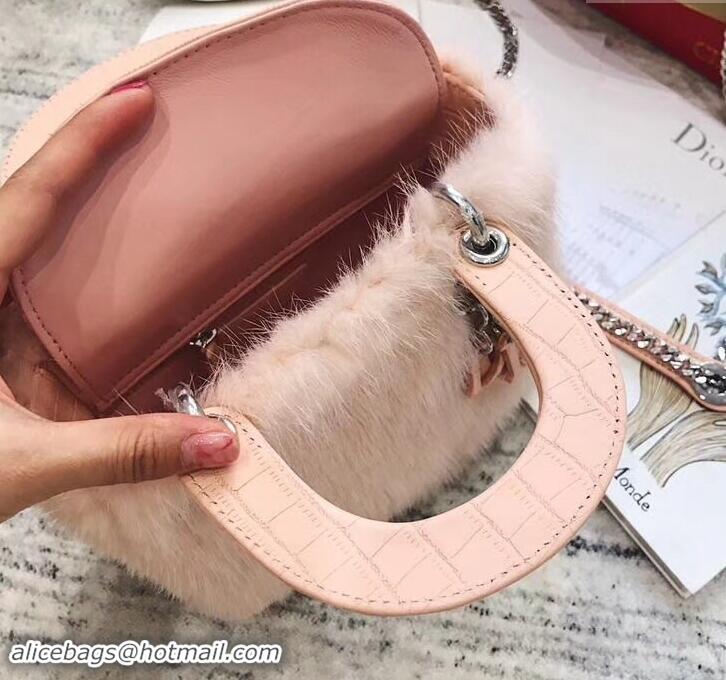 Top Quality Dior Mini Lady Dior Mink Fur Top Handle Bag 500518 Pink 2019