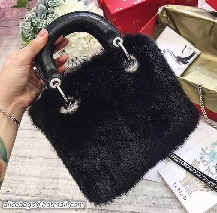 Best Luxury Dior Mini Lady Dior Mink Fur Top Handle Bag 500518 Black 2019