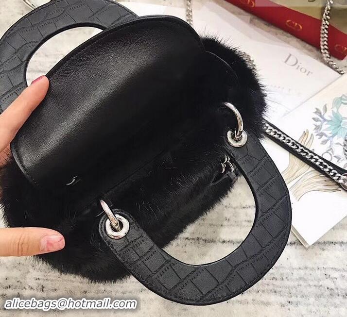 Best Luxury Dior Mini Lady Dior Mink Fur Top Handle Bag 500518 Black 2019