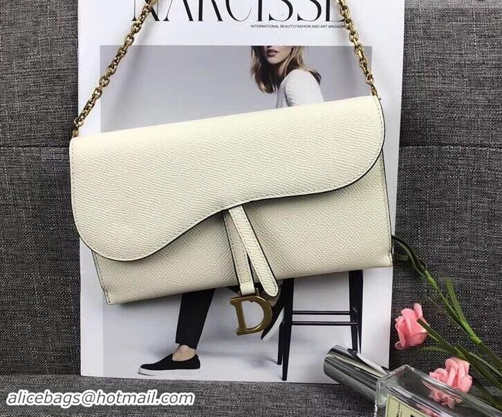 Fashion Dior Large Saddle Wallet on Chain Clutch in Grained Calfskin 500523 White 2019