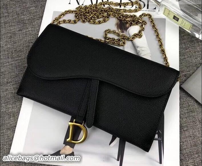 Good Looking Dior Large Saddle Wallet on Chain Clutch in Grained Calfskin 500523 Black 2019