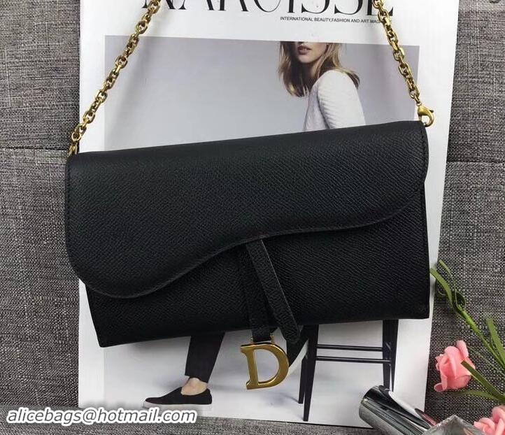 Good Looking Dior Large Saddle Wallet on Chain Clutch in Grained Calfskin 500523 Black 2019