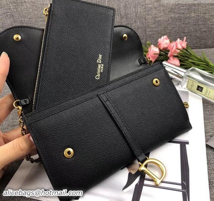 Good Looking Dior Large Saddle Wallet on Chain Clutch in Grained Calfskin 500523 Black 2019