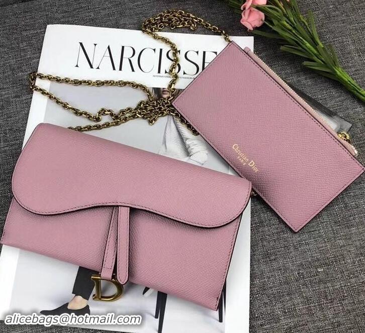 Generous Dior Large Saddle Wallet on Chain Clutch in Grained Calfskin 500523 Pink 2019