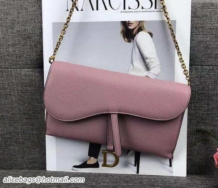 Generous Dior Large Saddle Wallet on Chain Clutch in Grained Calfskin 500523 Pink 2019