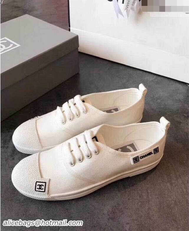 Stylish Chanel Vintage Logo Canvas Sneakers 904304 White 2019