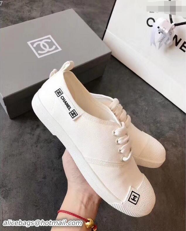 Stylish Chanel Vintage Logo Canvas Sneakers 904304 White 2019