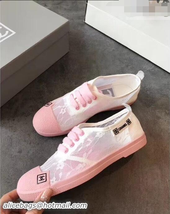 Crafted Chanel Vintage Logo Lace Canvas Sneakers 904305 Pink 2019