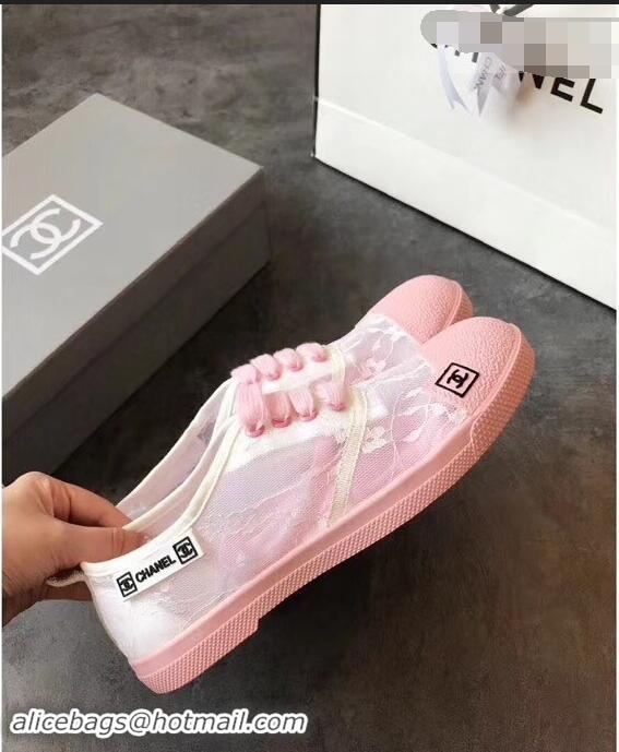 Crafted Chanel Vintage Logo Lace Canvas Sneakers 904305 Pink 2019