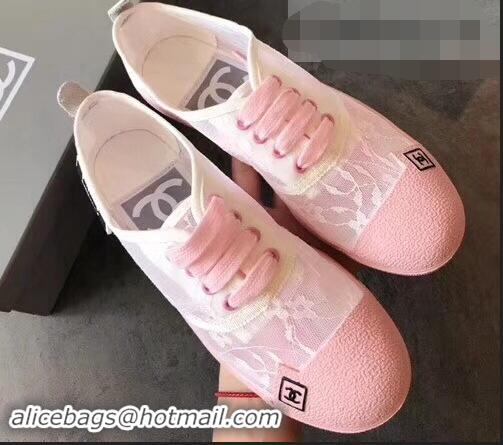 Crafted Chanel Vintage Logo Lace Canvas Sneakers 904305 Pink 2019