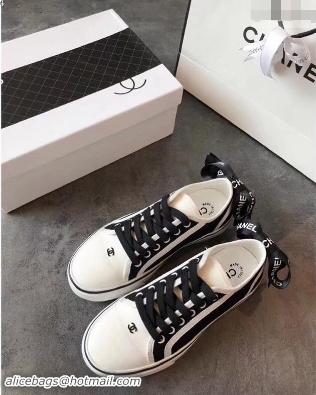 Refined Discount Chanel Logo Back Bow Canvas Sneakers 904309 Black 2019