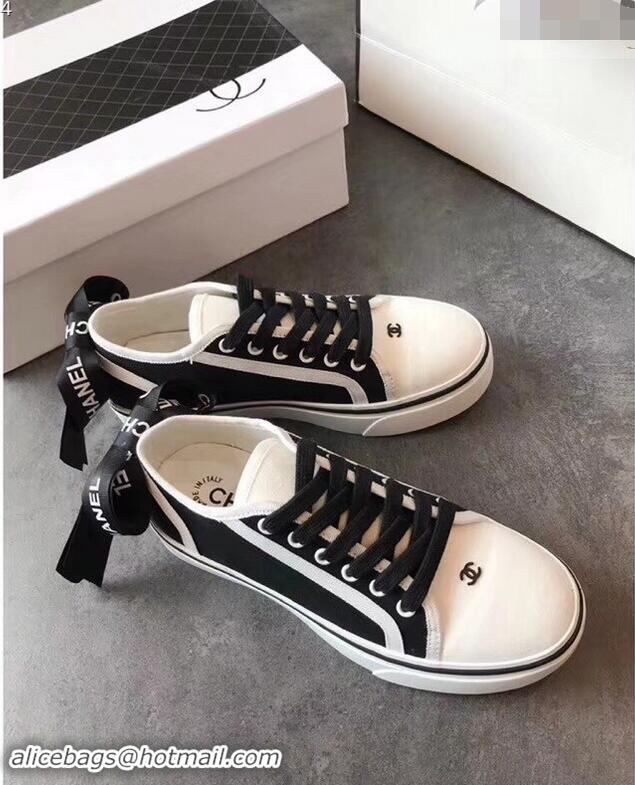 Refined Discount Chanel Logo Back Bow Canvas Sneakers 904309 Black 2019