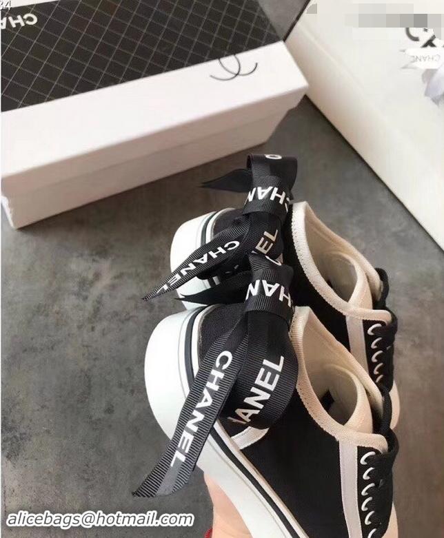 Refined Discount Chanel Logo Back Bow Canvas Sneakers 904309 Black 2019