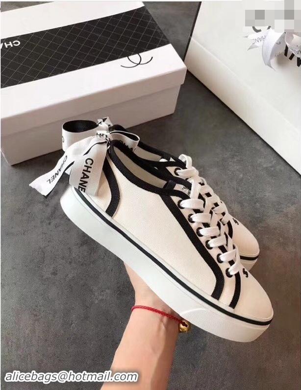 Perfect Discount Chanel Logo Back Bow Canvas Sneakers 904309 White 2019