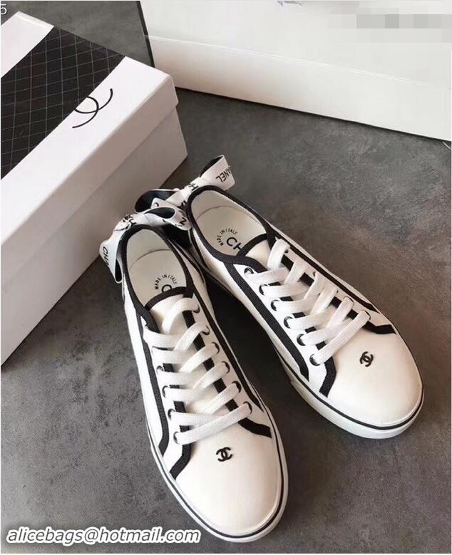 Perfect Discount Chanel Logo Back Bow Canvas Sneakers 904309 White 2019