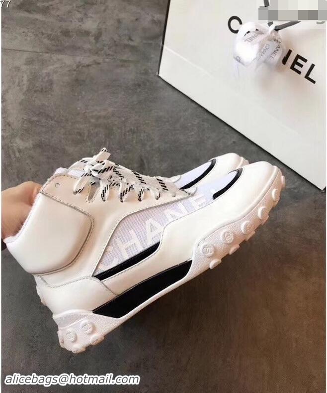 Generous Cheap Chanel Logo Calfskin Mesh and Lycra Sneakers G34086 White/Black 2019