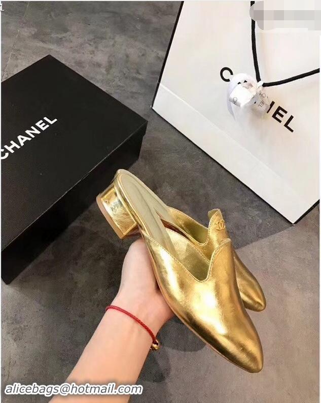 Buy New Cheap Chanel CC Logo Goatskin Mules G34303 Metallic Gold 2019