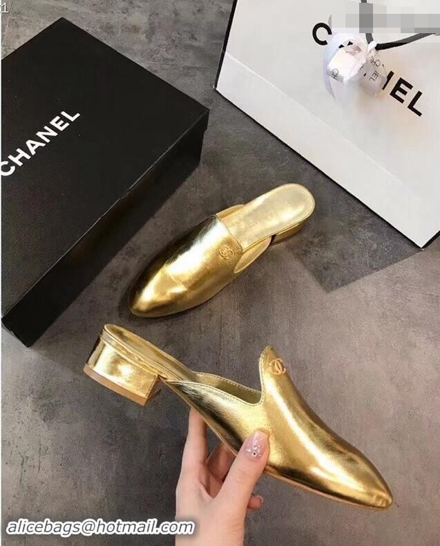 Buy New Cheap Chanel CC Logo Goatskin Mules G34303 Metallic Gold 2019