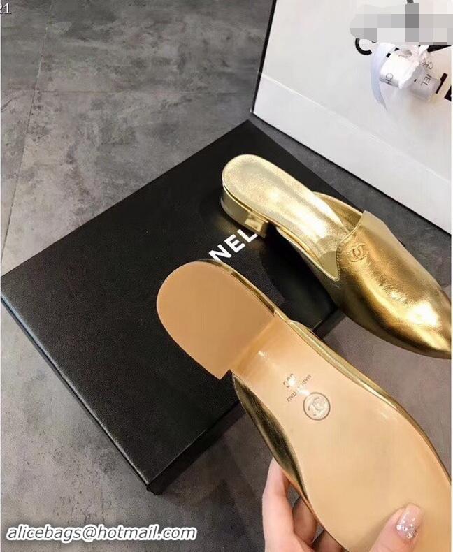 Buy New Cheap Chanel CC Logo Goatskin Mules G34303 Metallic Gold 2019